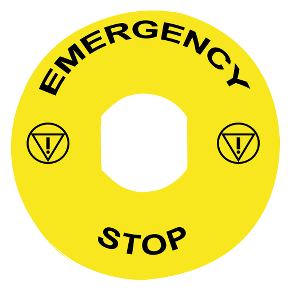 Schneider Electric Legend; 90mm diameter circular; yellow; "EMERGENCY STOP"